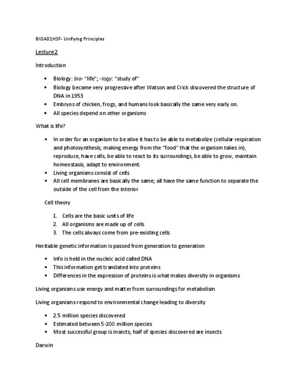 BIOA01H3 Lecture Notes - Archaea, Cell Theory, Cell Nucleus thumbnail