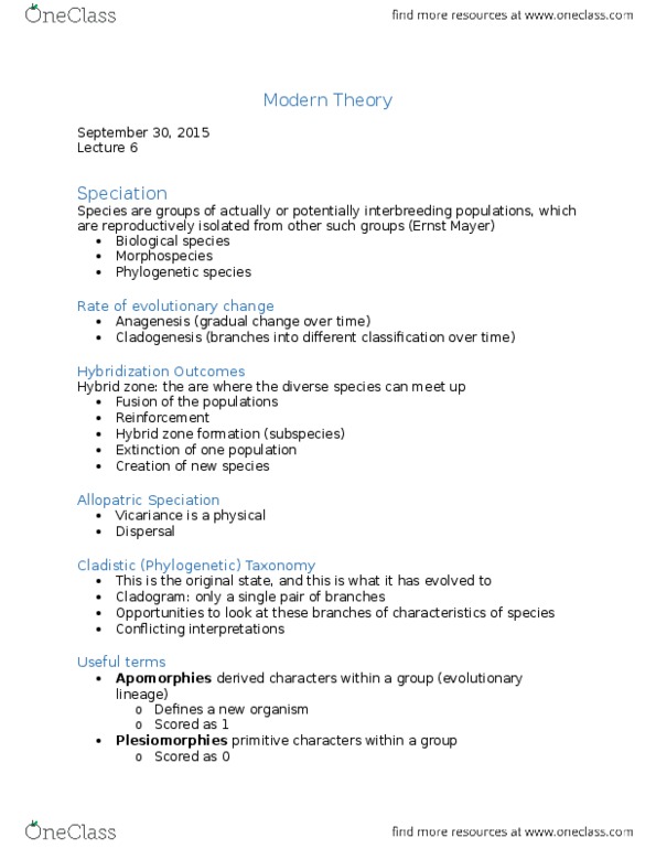 BIO 1130 Lecture Notes - Lecture 14: Ernst Mayer, Hybrid Zone, Anagenesis thumbnail
