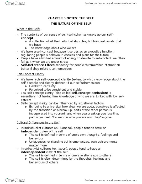Psychology 2070A/B Chapter Notes - Chapter 5: Self Esteem (Song), Self-Control, Narcissism thumbnail