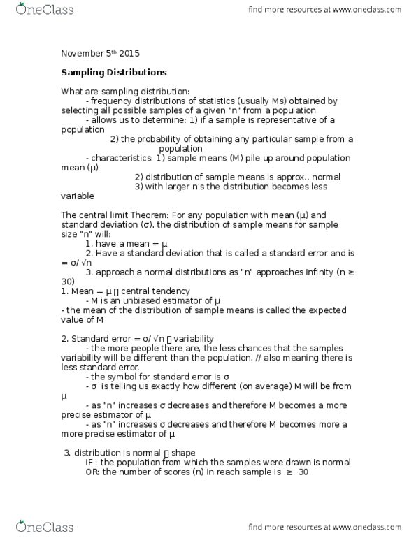 PSYC 2021 Lecture Notes - Lecture 7: Sampling Distribution, Standard Deviation, Central Tendency thumbnail