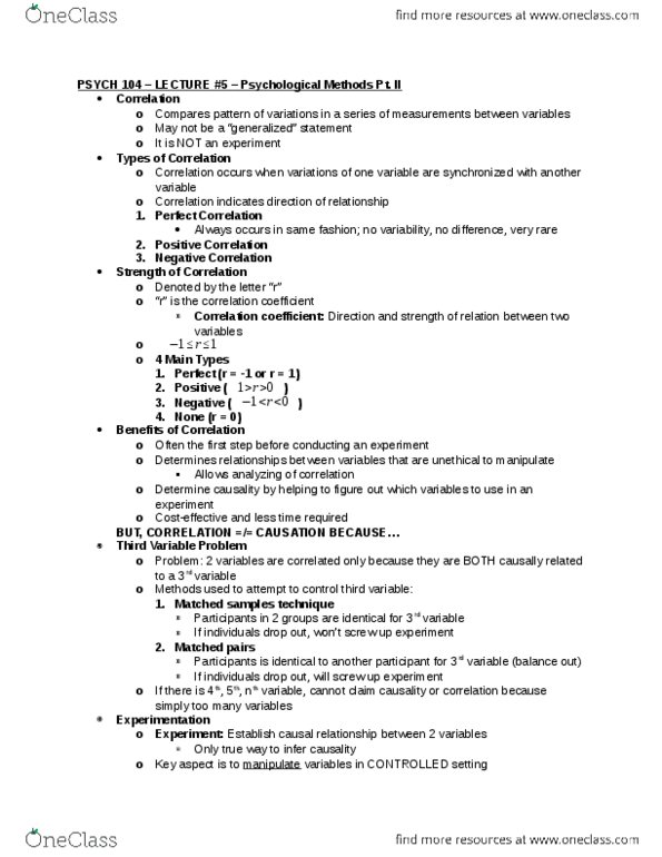 PSYCO104 Lecture Notes - Lecture 5: Dependent And Independent Variables, Random Assignment thumbnail