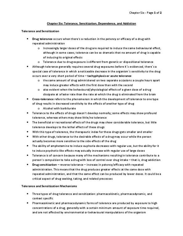 PSYC62H3 Chapter Notes -Drug Tolerance, Tachyphylaxis, Pharmacodynamics thumbnail