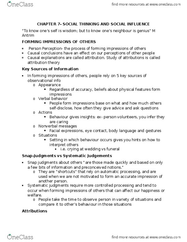 Psychology 2035A/B Lecture Notes - Lecture 7: Dispositional Attribution, Social Perception, Confirmation Bias thumbnail