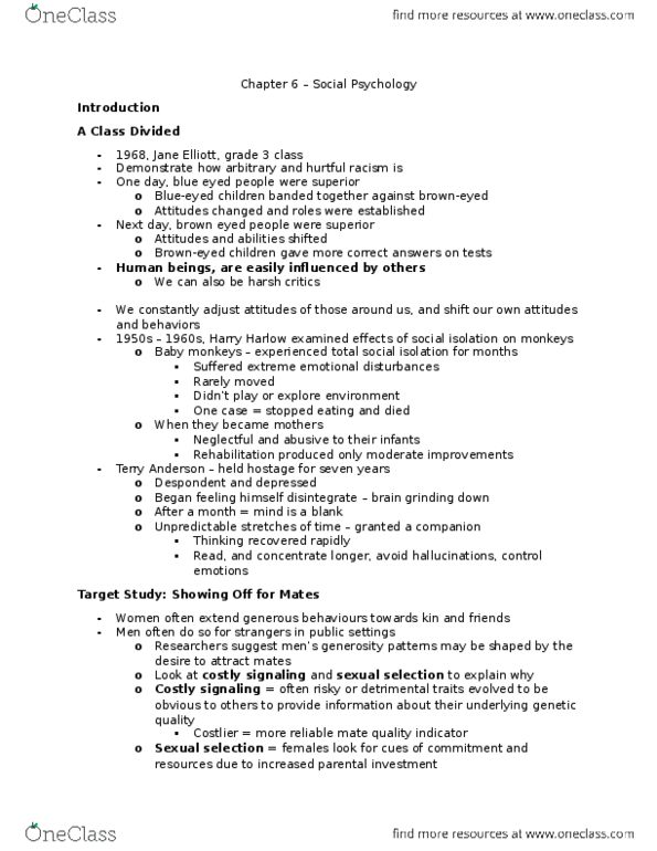 PSYCH 1X03 Chapter Notes - Chapter 6: Harry Harlow, A Class Divided, Fundamental Attribution Error thumbnail