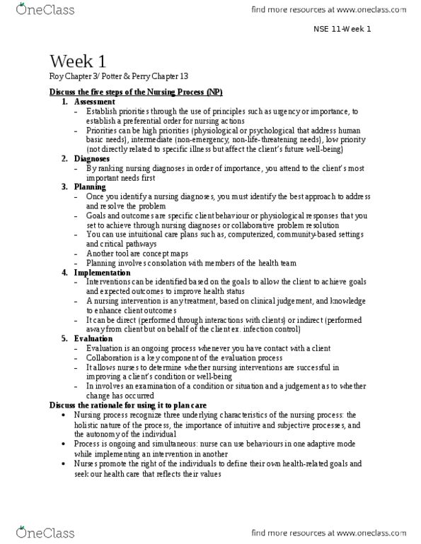NSE 11A/B Chapter Notes - Chapter 3: Nursing Care Plan, Nursing Process, Goal Setting thumbnail