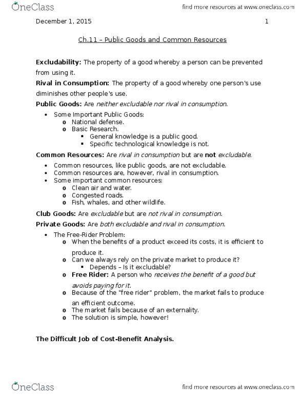 EC120 Lecture Notes - Lecture 11: Excludability, Externality, Private Good thumbnail