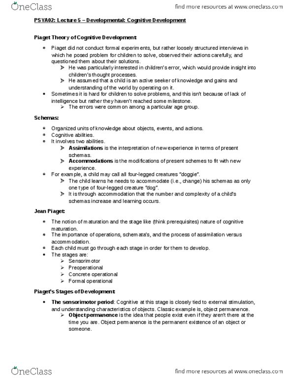 PSYA02H3 Lecture Notes - Lecture 5: Lev Vygotsky, Peekaboo, Jean Piaget thumbnail