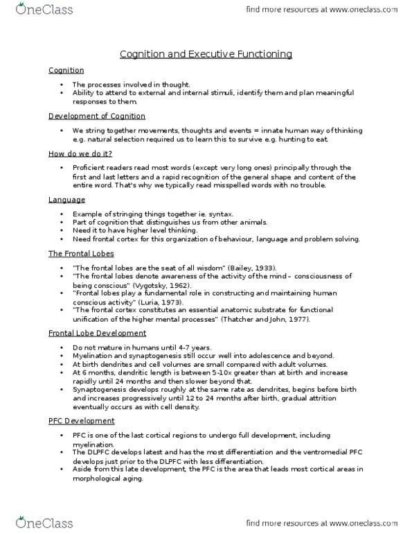 PSY 3301 Lecture Notes - Lecture 14: Frontal Lobe, Synaptogenesis, Executive Functions thumbnail