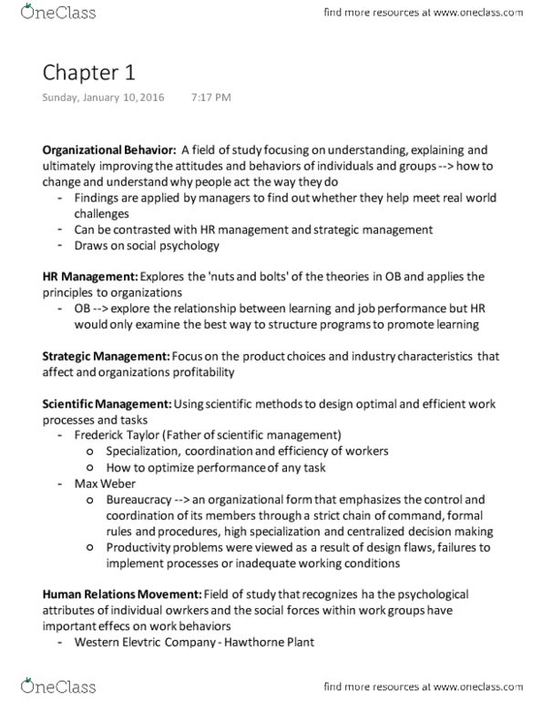 Management and Organizational Studies 2181A/B Chapter Notes - Chapter 1: Strategic Management, Scientific Management, Job Performance thumbnail