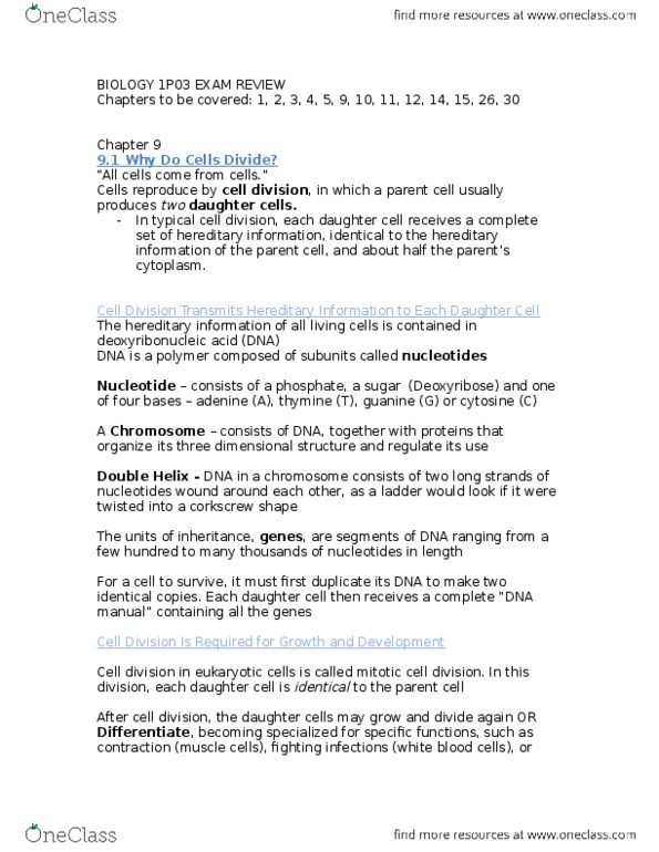 BIOLOGY 1P03 Chapter Notes - Chapter 9: Cell Membrane, Asexual Reproduction, Dna Replication thumbnail