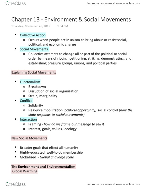 SOC100H5 Lecture Notes - Lecture 13: New Social Movements, Resource Mobilization, Environmentalism thumbnail