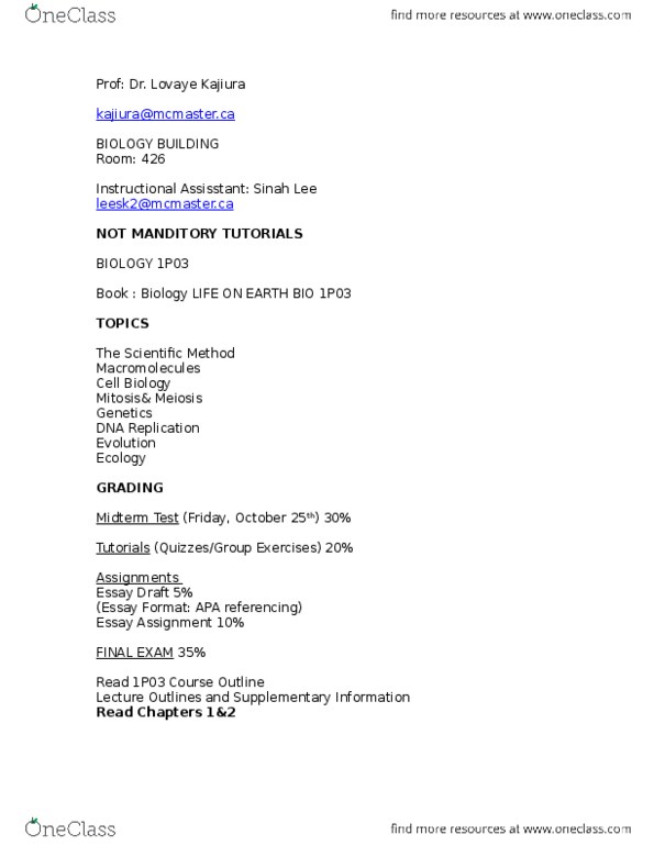 BIOLOGY 1P03 Lecture Notes - Lecture 1: Ionic Bonding, Adenosine Triphosphate, Covalent Bond thumbnail