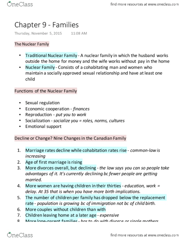 SOC100H5 Lecture Notes - Lecture 9: Nuclear Family, Nine Changes, Social Forces thumbnail