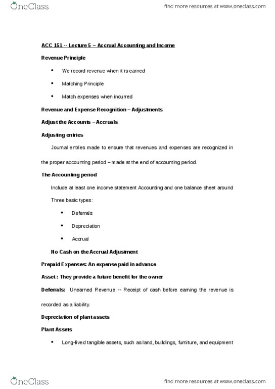 ACC 151 Lecture Notes - Lecture 5: Deferral, Accrual, Accounting Period thumbnail