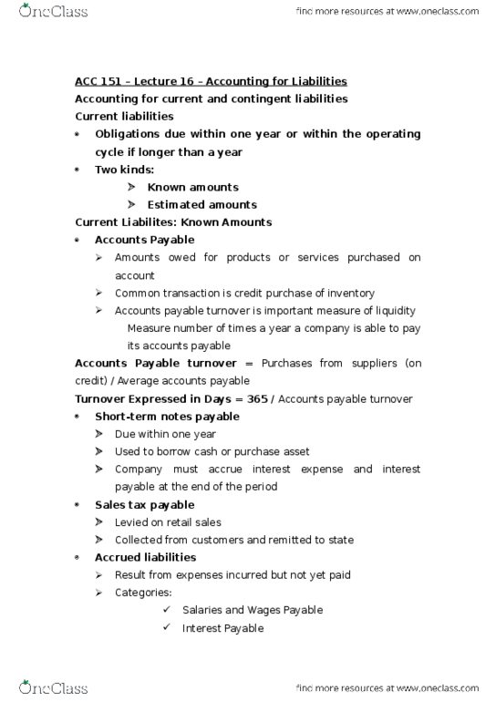 ACC 151 Lecture Notes - Lecture 15: Accounts Payable, Contingent Liability, Promissory Note thumbnail