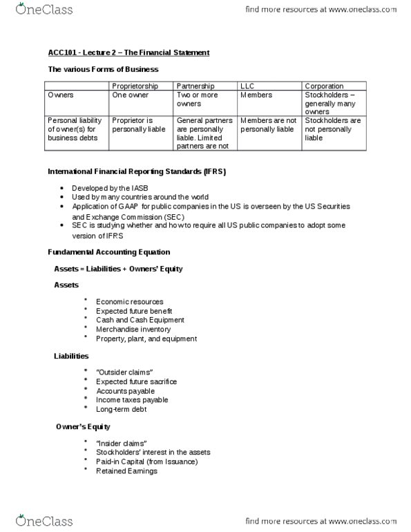 ACC 151 Lecture Notes - Lecture 2: International Financial Reporting Standards, Retained Earnings, Accounts Payable thumbnail