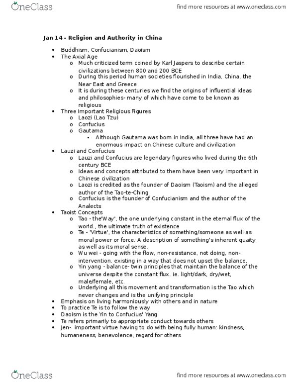 RELIGST 1B06 Lecture Notes - Lecture 3: Karl Jaspers, Axial Age, Analects thumbnail