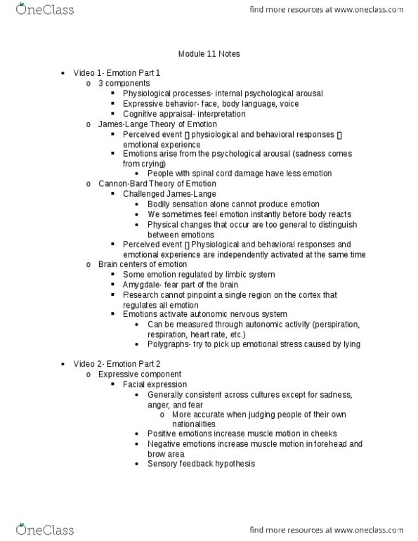 PSY 2012 Lecture Notes - Lecture 11: Autonomic Nervous System, Facial Expression, Hawthorne Effect thumbnail