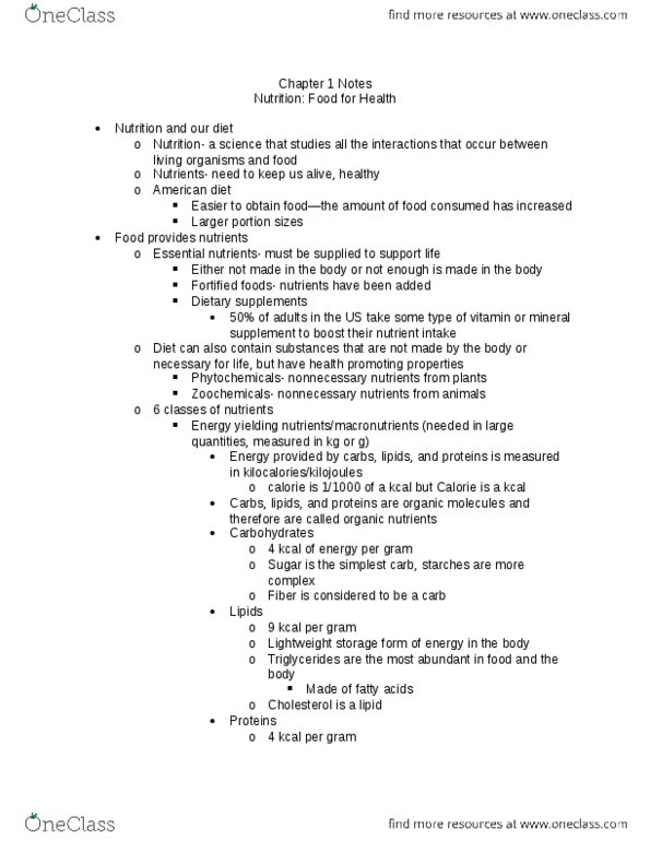 HUN 2201 Chapter Notes - Chapter 1: Dietary Supplement, Cholesterol, Nutrigenomics thumbnail