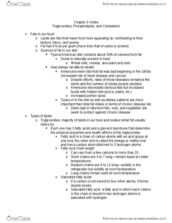 HUN 2201 Chapter Notes - Chapter 5: Triglyceride, Glycerol, Hydrogenation thumbnail