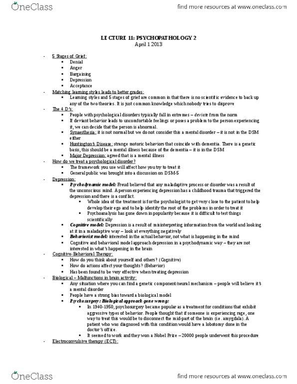 PSYCH 1XX3 Lecture Notes - Lecture 11: Mental Disorder, Dementia, Dsm-5 thumbnail