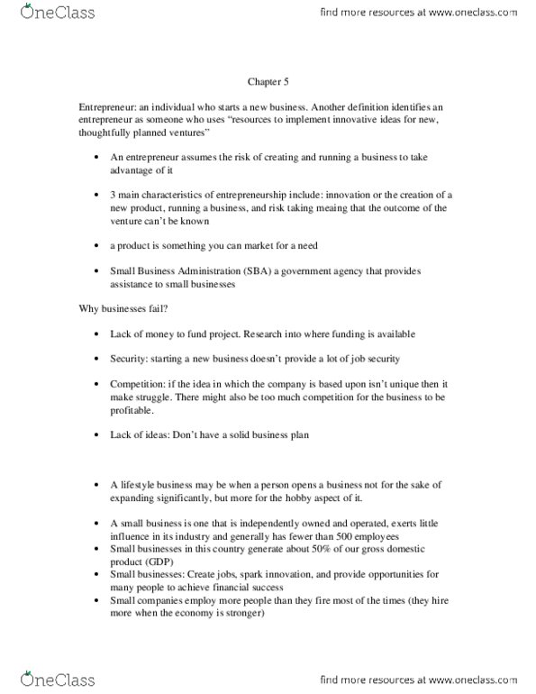 BUSN 1101 Chapter Notes - Chapter 5: Small Business Administration, Business Plan, Financial Plan thumbnail