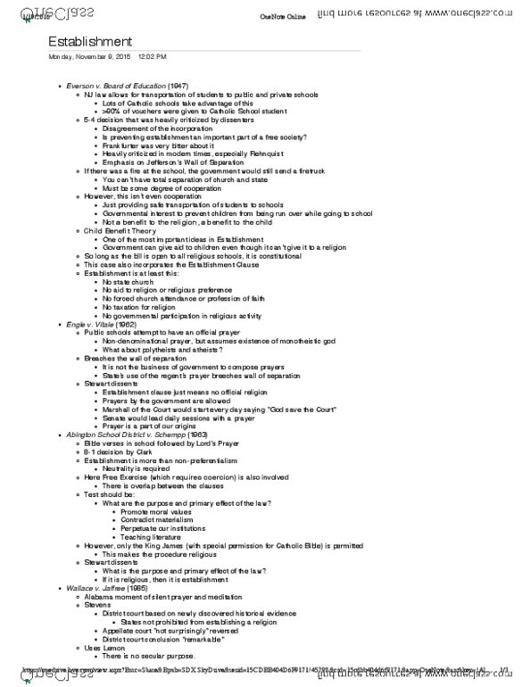 PSCI 3303 Lecture Notes - Lecture 13: William Rehnquist, Church Attendance, Establishment Clause thumbnail