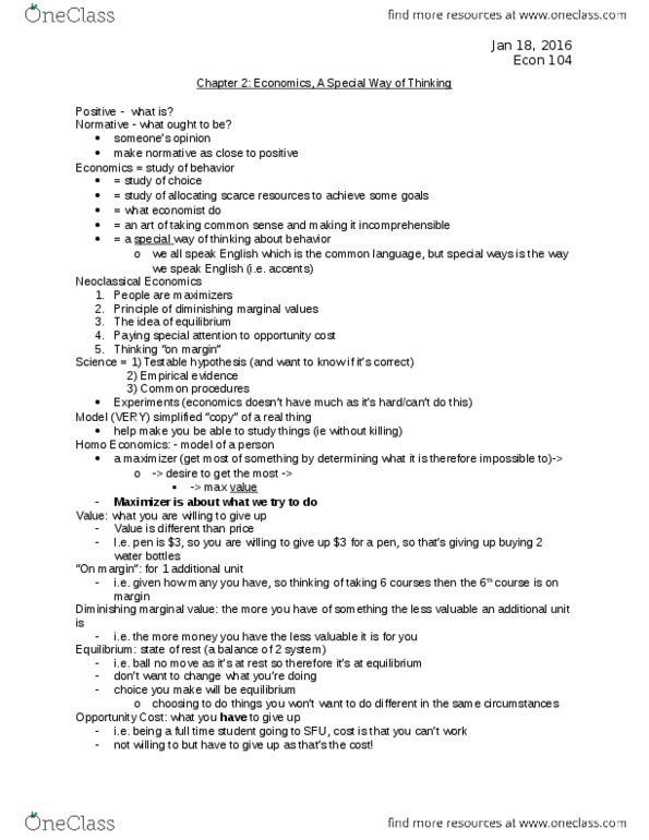 ECON 104 Lecture Notes - Lecture 2: Demand Curve, Microeconomics, Economic Equilibrium thumbnail