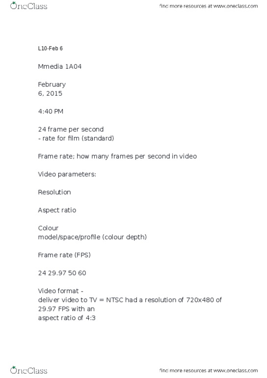 MMEDIA 1A03 Lecture Notes - Lecture 10: Frame Rate, Mpeg-2, Color Correction thumbnail