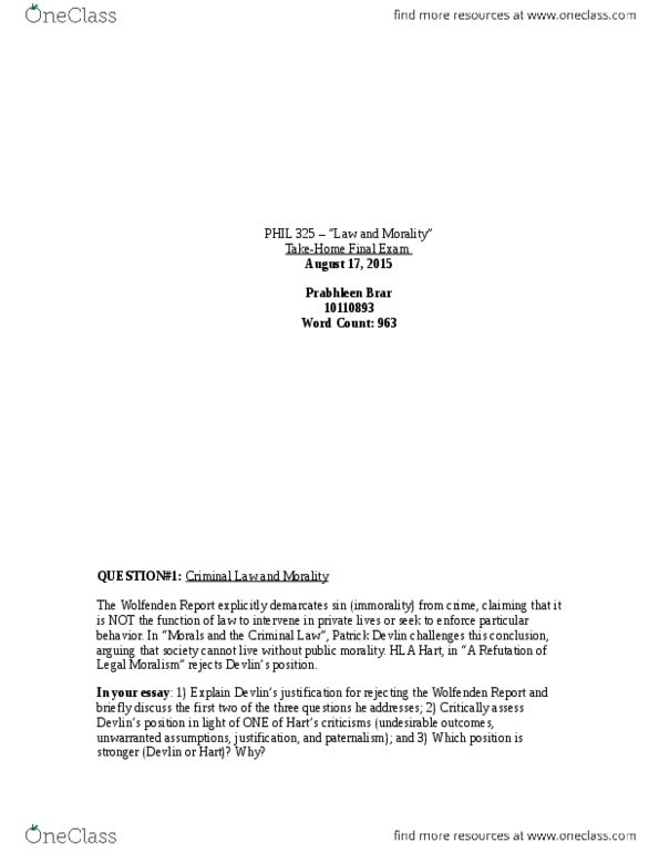 PHIL 325 Lecture Notes - Lecture 3: H. L. A. Hart, Wolfenden Report, International Standard Book Number thumbnail