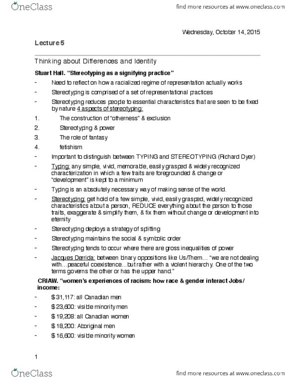 FEM 1100 Lecture Notes - Lecture 5: Richard Dyer, Stereotype, Jacques Derrida thumbnail