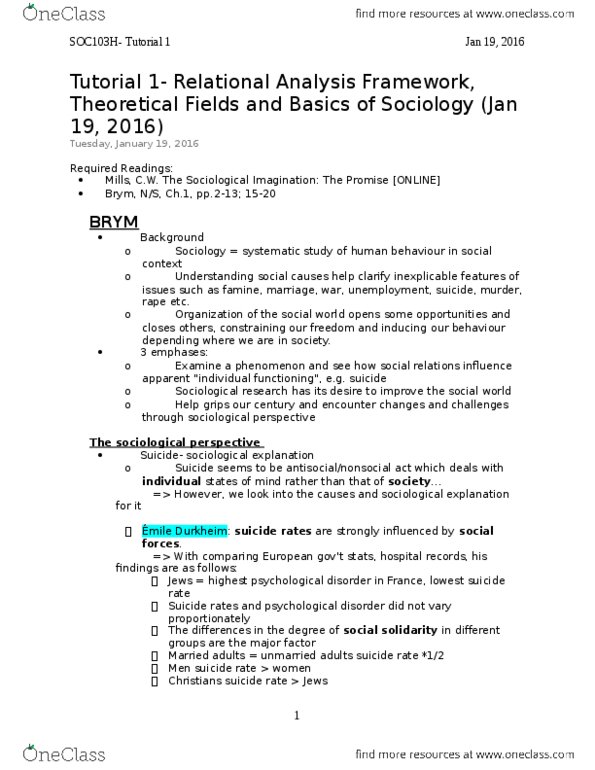 SOC103H1 Chapter 1: Tutorial 1- Relational Analysis Framework, Theoretical Fields and Basics of Sociology (Jan 19, 2016) thumbnail