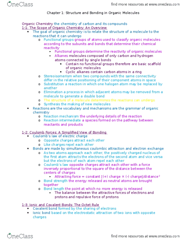 CHEM 2510 Lecture Notes - Lecture 1: Electrostatics, Organic Chemistry, Octet Rule thumbnail