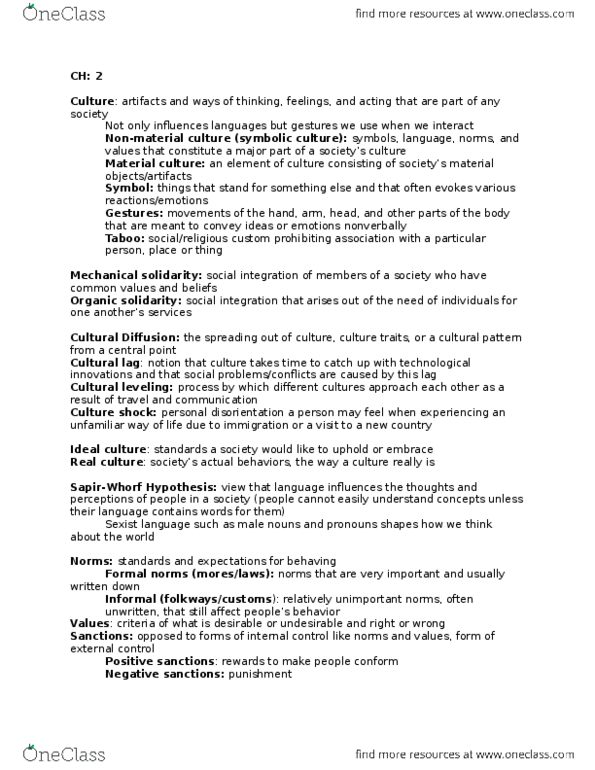 SOC 101 Lecture Notes - Lecture 2: Cultural Lag, Symbolic Culture, Internal Control thumbnail