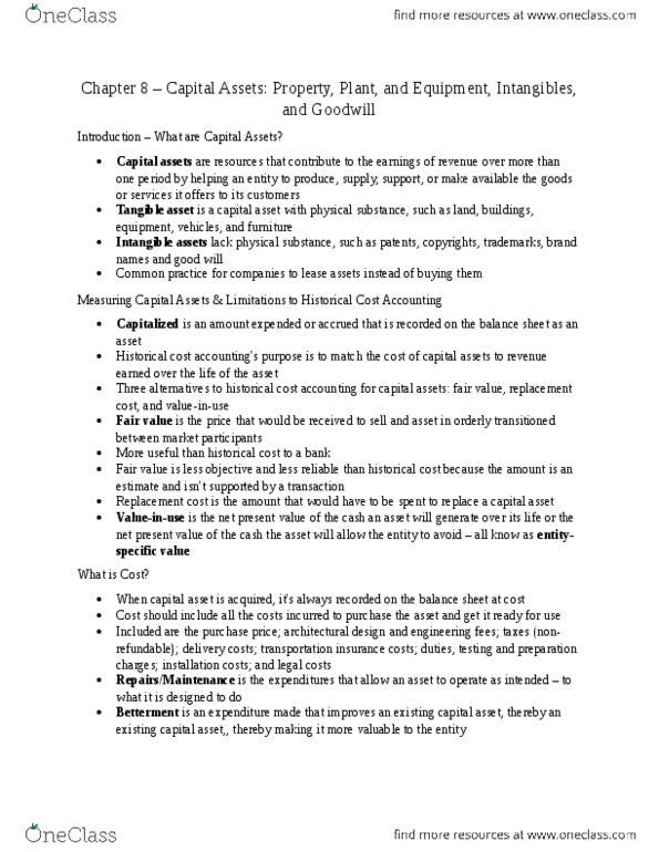 BUSI 2160U Chapter Notes - Chapter 8: Historical Cost, Intangible Asset, Capital Asset thumbnail