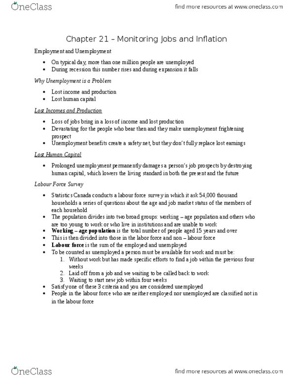 ECON 2020U Chapter Notes - Chapter 21: Labour Force Survey, Unemployment Benefits, Human Capital thumbnail