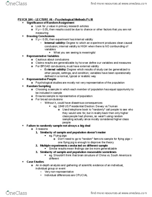 PSYCO104 Lecture Notes - Lecture 6: External Validity, Internal Validity, American Psychological Association thumbnail