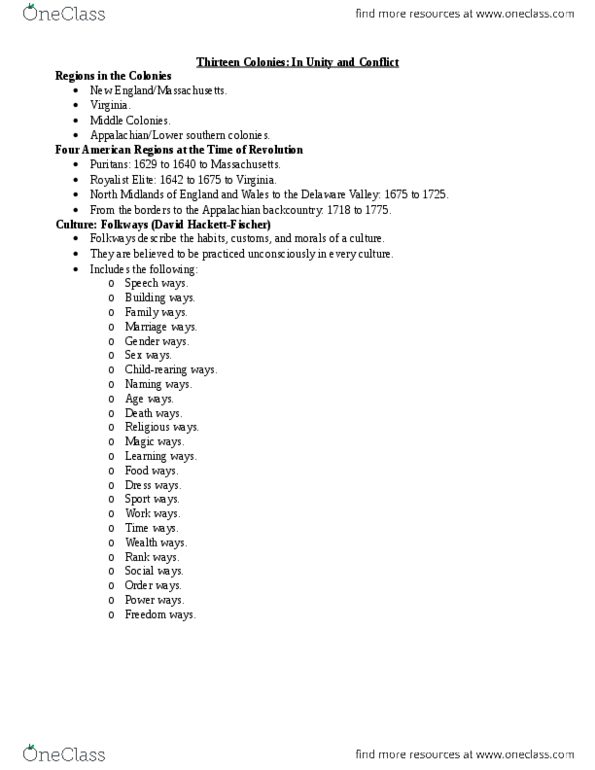 HIS 2151 Lecture Notes - Lecture 1: Middle Colonies, Puritans, David Hackett Fischer thumbnail