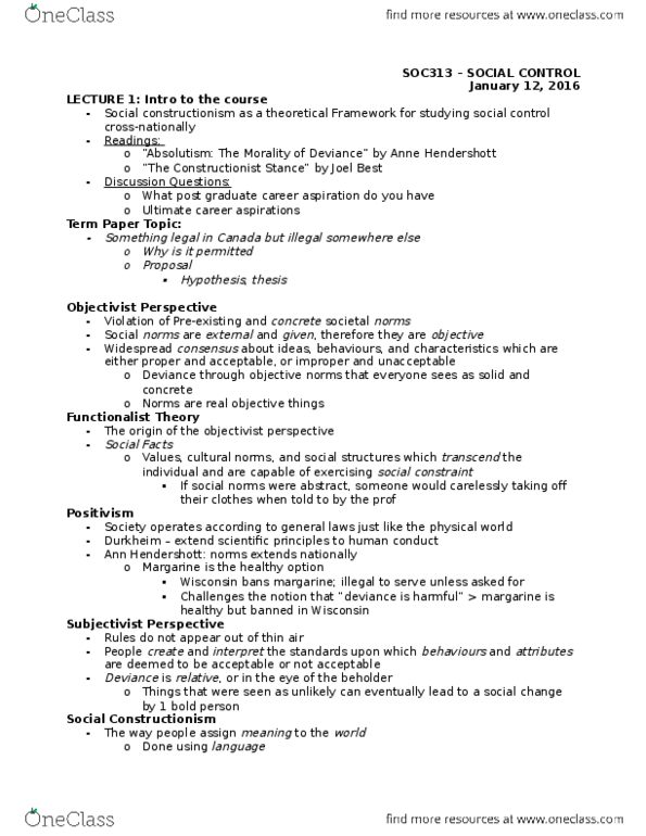 SOC313H1 Lecture Notes - Lecture 1: Social Constructionism, Margarine thumbnail