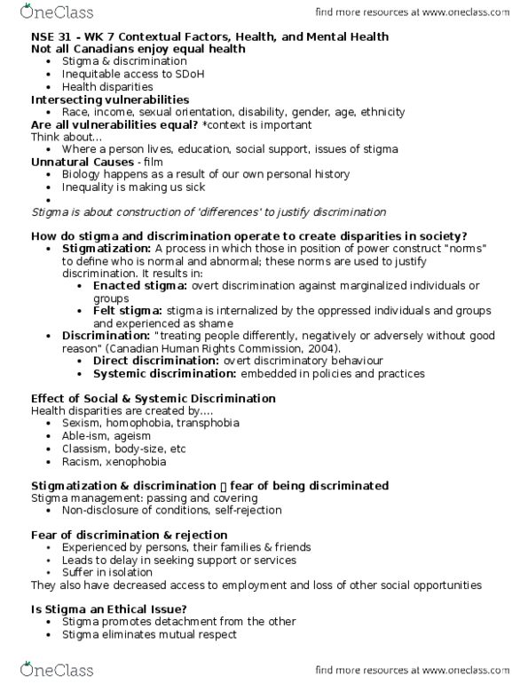 NSE 31A/B Lecture Notes - Lecture 7: Canadian Human Rights Commission, Health Equity, Unnatural Causes thumbnail