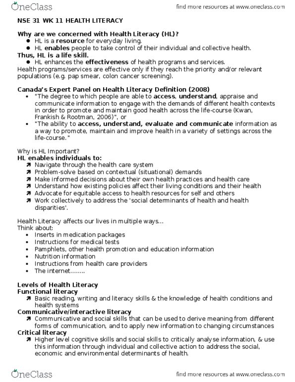 NSE 31A/B Lecture Notes - Lecture 11: Pap Test, Health Literacy, Health Promotion thumbnail