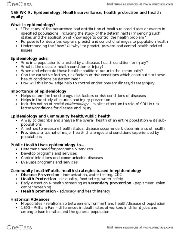 NSE 31A/B Lecture Notes - Lecture 9: Pap Test, William Farr, Occupational Safety And Health thumbnail