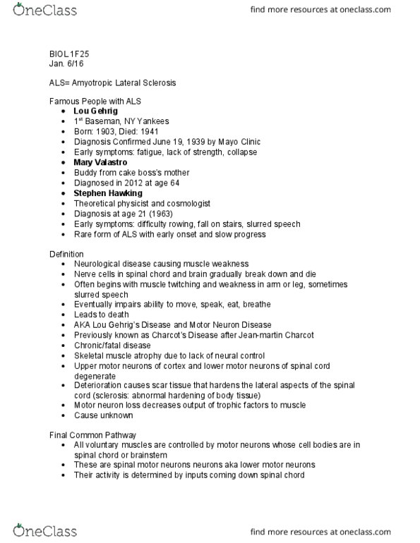 BIOL 1F25 Lecture Notes - Lecture 17: Lou Gehrig, Amyotrophic Lateral Sclerosis, Stephen Hawking thumbnail