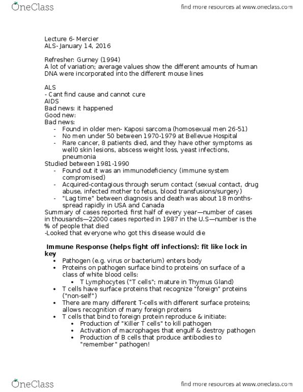 BIOL 1F25 Lecture Notes - Lecture 8: Cytotoxic T Cell, Hunter-Bellevue School Of Nursing, Sarcoma thumbnail