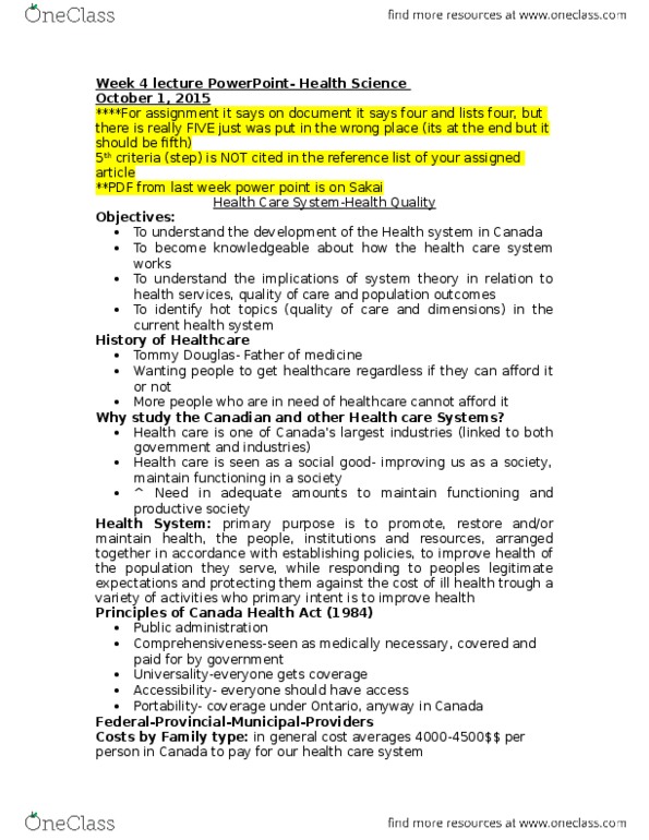 HLSC 1F90 Lecture Notes - Lecture 4: Canada Health Act, Iso 9000, Primary Healthcare thumbnail