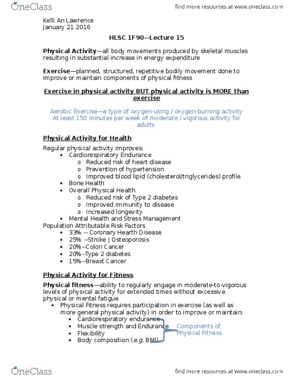 HLSC 1F90 Lecture Notes - Lecture 15: Cardiorespiratory Fitness thumbnail