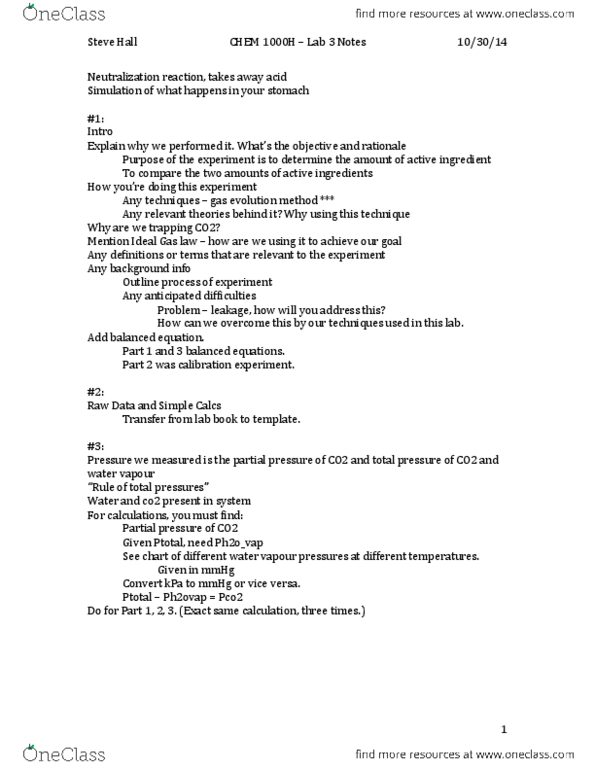 CHEM 1000H Lecture Notes - Lecture 3: Sodium Chloride, Sodium Bicarbonate, Ideal Gas Law thumbnail