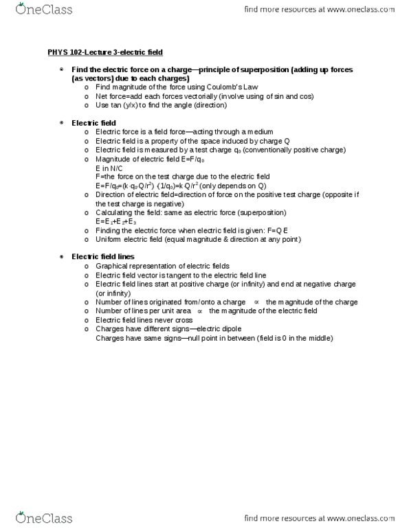 PHYS 102 Lecture Notes - Lecture 3: Field Line, Electric Field, Test Particle thumbnail