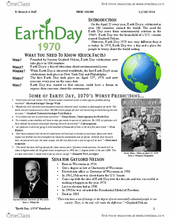 ERSC 1010H Chapter Notes - Chapter 1: Gaylord Nelson, Earth Day, Denis Hayes thumbnail
