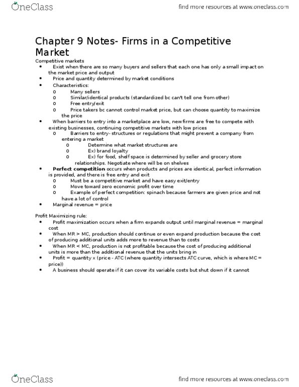 ECON 10010 Lecture Notes - Lecture 10: Marginal Revenue, Profit Maximization, Spinach thumbnail